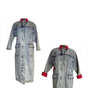 Andy Johns Long Denim Duster Jacket Trench Coat with Red Corduroy Accents 1980’s